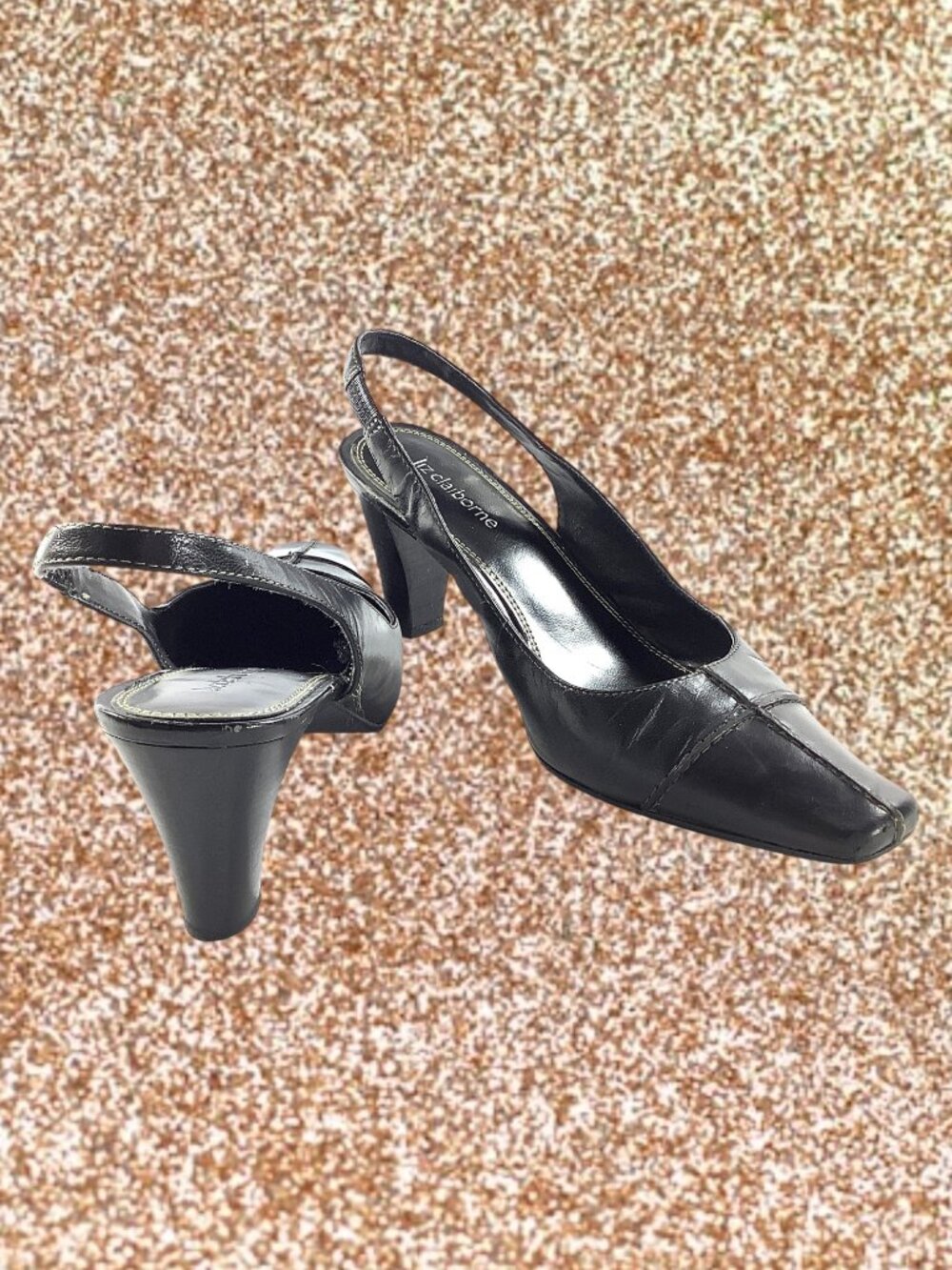 Liz Claiborne Heels Slingback Strap Sandals Leather Upper 3" Heel Black Megan 7